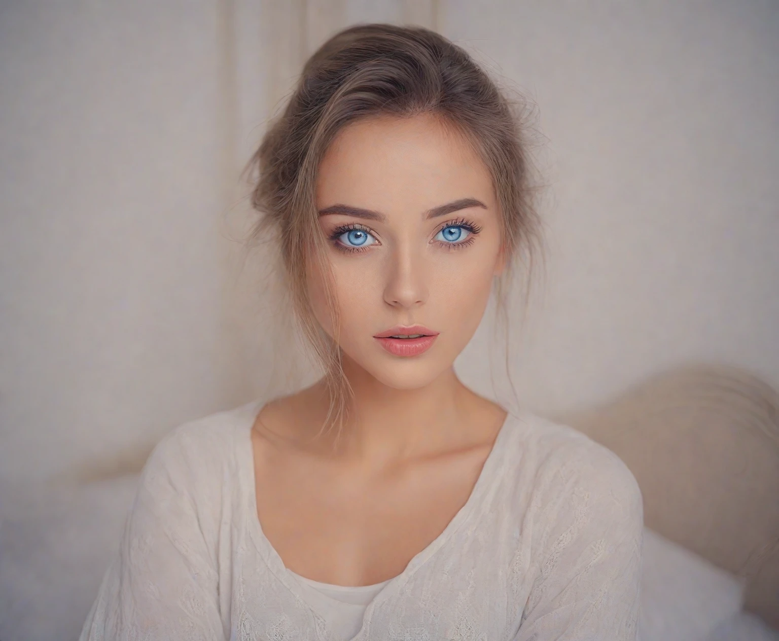 Arafed woman with blue eyes sitting on a bed in a bedroom., foto de una beautiful woman, soft portrait 8k, beautiful face portrait, portrait of a beautiful model, Attractive woman, stunning portrait, beautiful attractive face, beautiful woman, beautiful model, magnificent portrait, beautiful model fe******, beautiful young woman, Beautiful female portrait, attractive girl