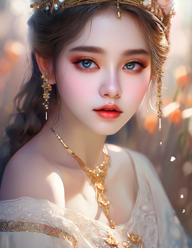 a beautiful girl, extremely detailed face and eyes, long eyelashes, beautiful detailed lips, 1girl, portrait, fantasy, digital painting, ethereal, soft lighting, warm colors, cinematic, highly detailed, intricate, ornate, elegant, delicate, serene, dreamlike, breathtaking, stunning, exquisite, masterpiece