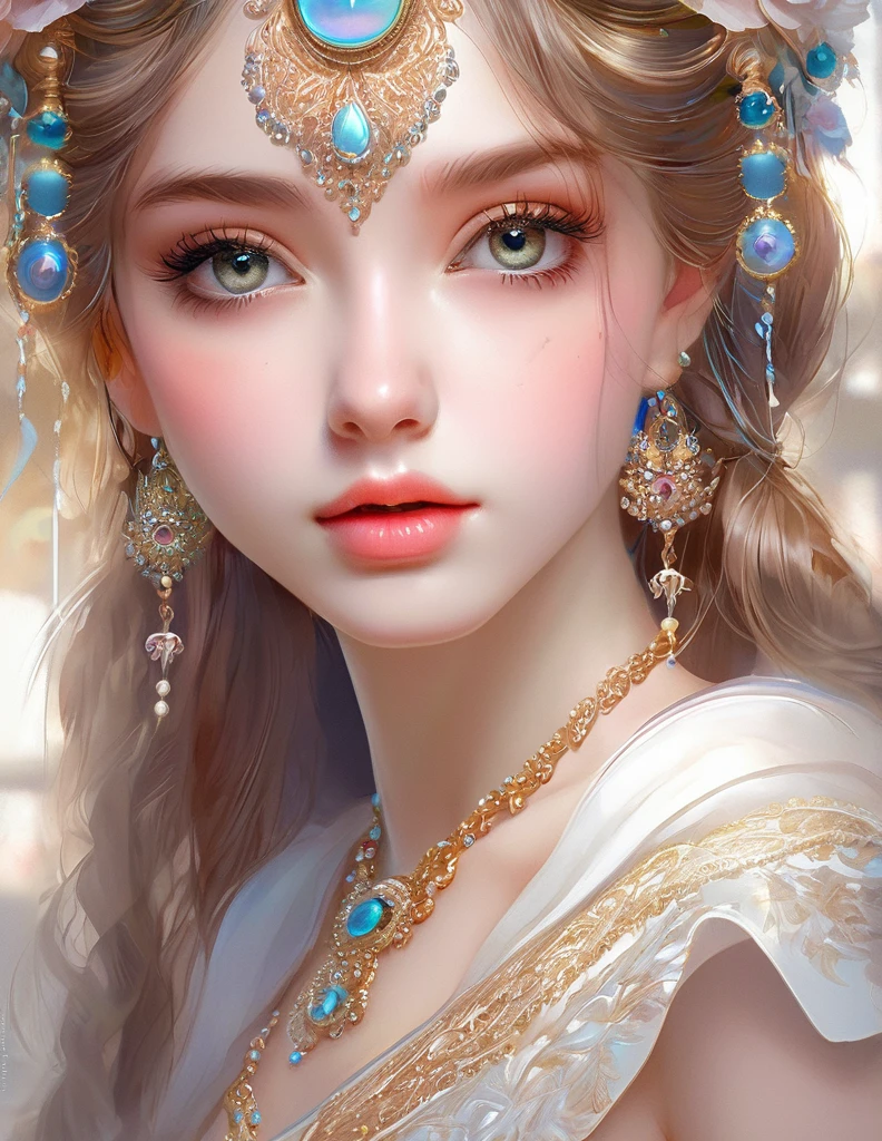 1girl, detailed gorgeous face, delicate features, long flowing hair, beautiful eyes, elegant expression, intricate jewelry, detailed skin, porcelain complexion, ethereal beauty, graceful pose, fantasy setting, glowing light, dreamlike atmosphere, cinematic lighting, (best quality,4k,8k,highres,masterpiece:1.2),ultra-detailed,(realistic,photorealistic,photo-realistic:1.37),vibrant colors, digital painting