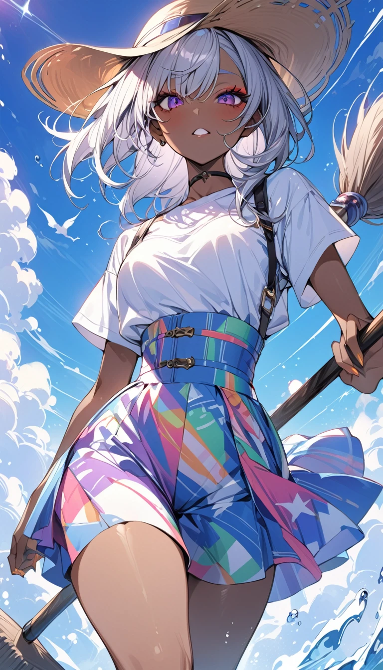 Highest quality masterpiece High resolution Dark Skin Colorful medium length Gal Makeup Casual clothing high waist summer Flying through the sky on a broom