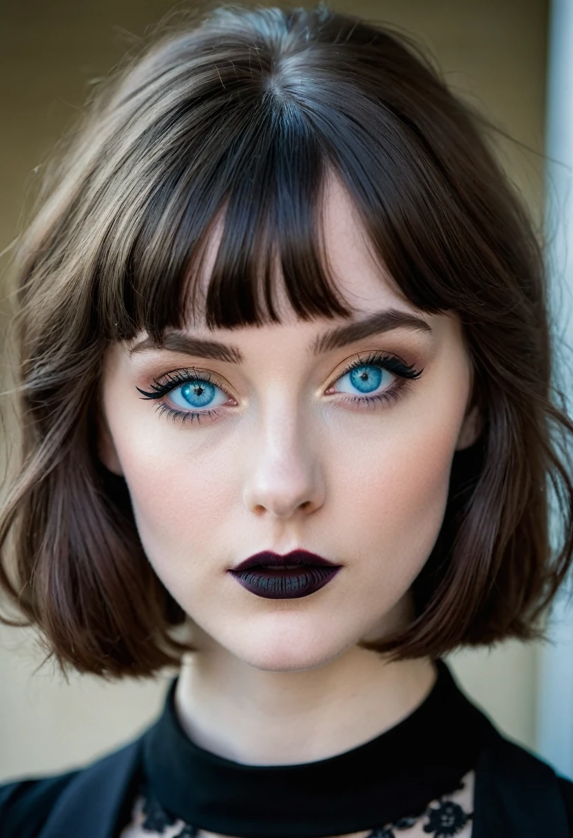 a young half Irish and half English girl, short modern wavey hair & bangs, sky blue eyes, modern retro picture aesthetic, looks like she is bravely posing for the camera, The colors are masterfully captured by Nikon D850 and a Nikon AF-S NIKKOR 70-200mm f/2.8E FL ED VR lens, modern style, powerful woman image, dark gothic clothes, without makeup, pale skin, harsh facial features, black lipstick, 18 year old girl, black eye shadow, round face, vampire