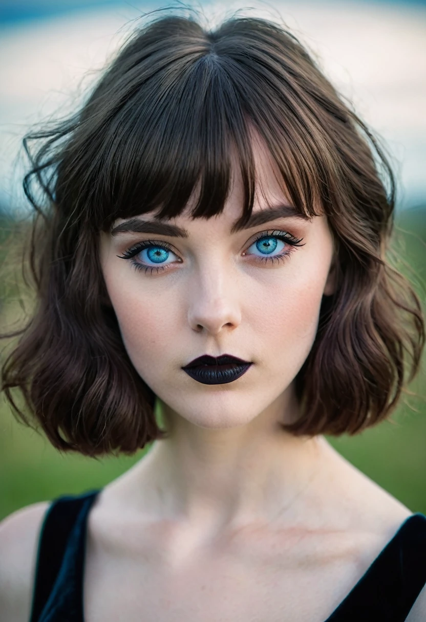 a young half Irish and half English girl, short modern wavey hair & bangs, sky blue eyes, modern retro picture aesthetic, looks like she is bravely posing for the camera, The colors are masterfully captured by Nikon D850 and a Nikon AF-S NIKKOR 70-200mm f/2.8E FL ED VR lens, modern style, powerful woman image, dark gothic clothes, without makeup, pale skin, harsh facial features, black lipstick, 18 year old girl, black eye shadow, round face, vampire