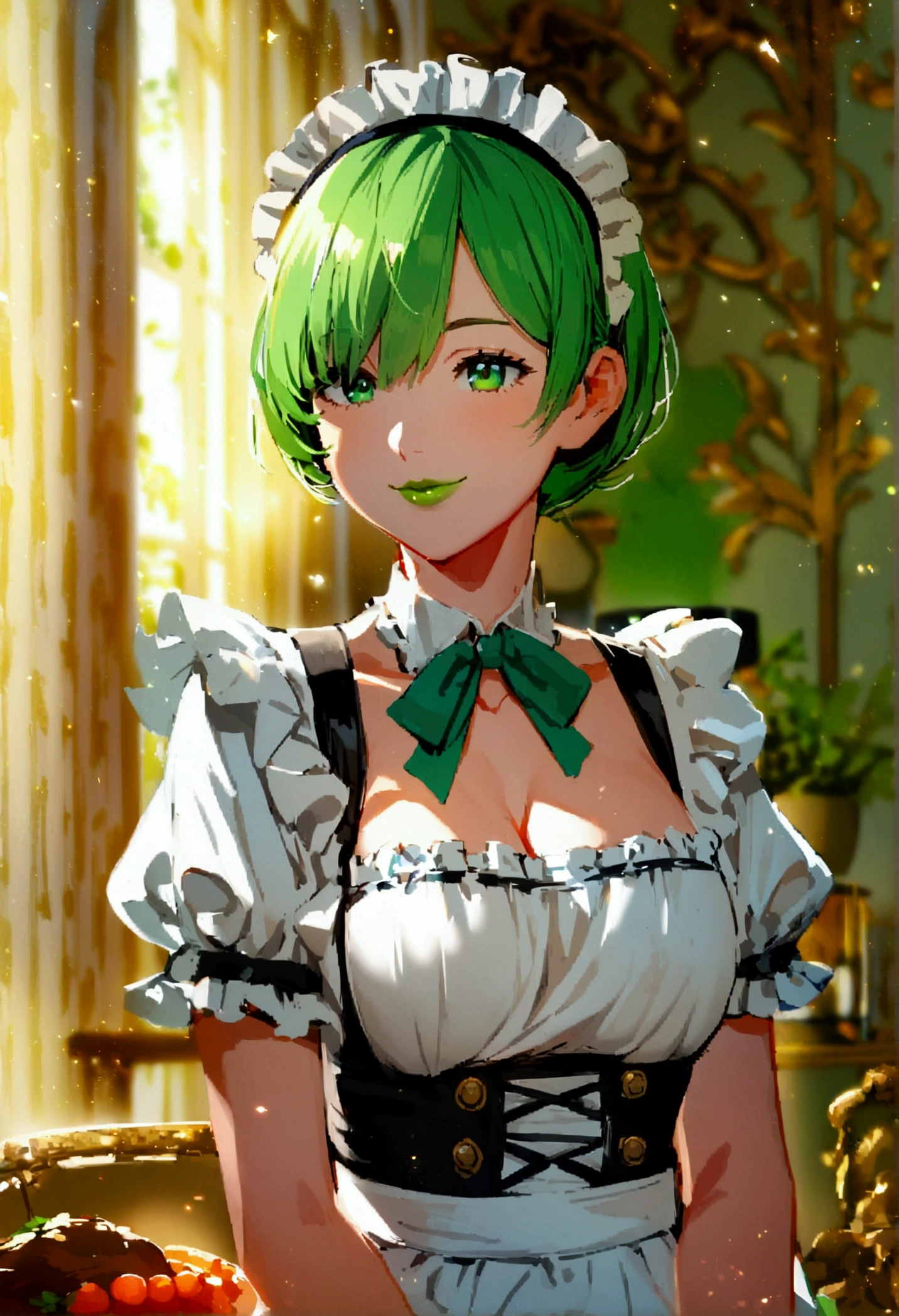 1girl with short green hair, green eyes, green lips, maid uniform, big breasts, decolletage, smiling, rich living room, indoors