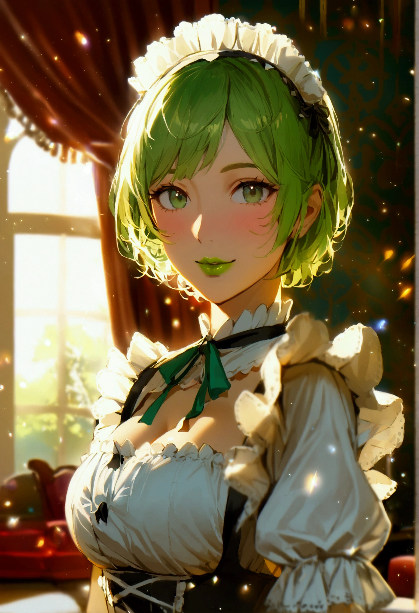 1girl with short green hair, green eyes, green lips, maid uniform, big breasts, decolletage, smiling, rich living room, indoors