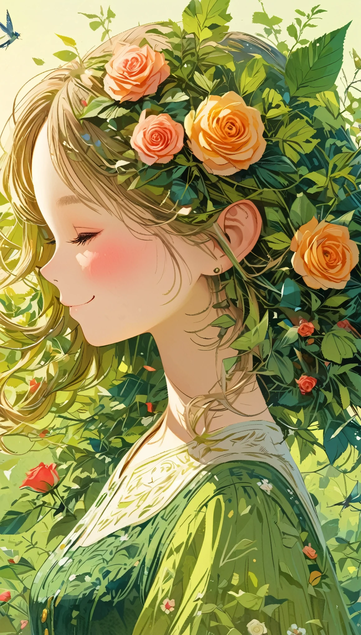 Leaf hair girl、front、Upper Body、Masterpiece、Highest quality、smile、Rose flower、Elf、princess
