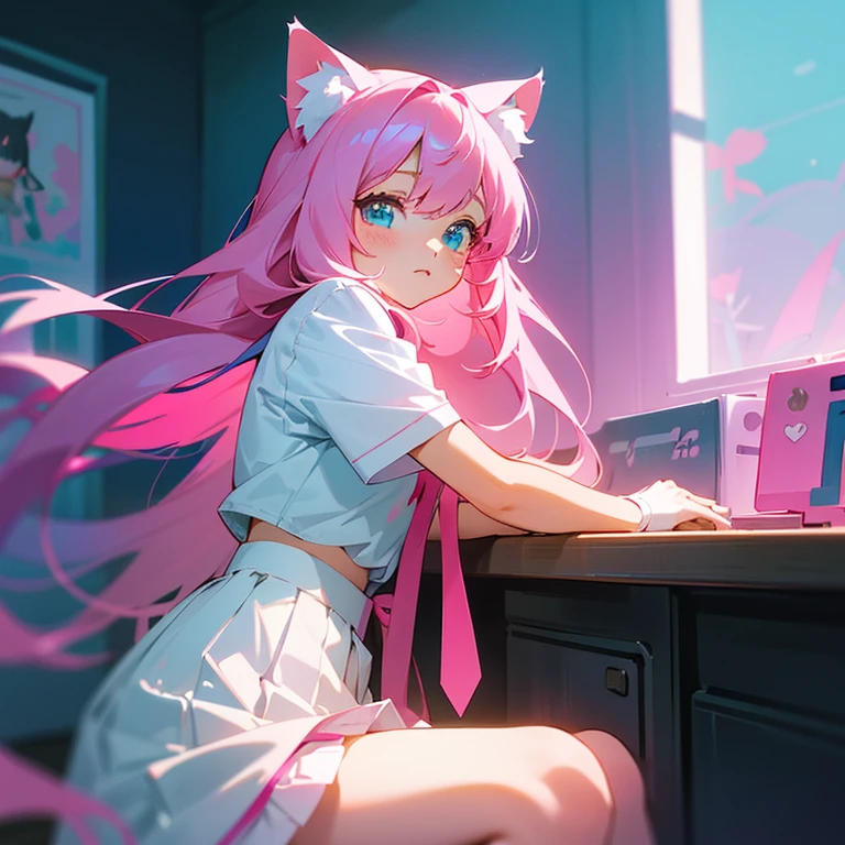 cute anime girl holding a pink video game controller in a room, anime catgirl, wear white shirt and red tie and white skirt,cute anime catgirl, anime girl with cat ears, flat anime style, nekomimi, lofi girl, catgirl, anime vibes, soft anime illustration, ddlc, girl with cat ears, anime style. 8k, pink straight hair, long bubblegum hair, pink wispy hair, long pink hair, long flowing pink hair, flowing pink hair, wear white skirt, anime girl with long hair and cyan eyes,and wear white shirt and red tie and white skirt, ,digital anime illustration, anime room with a computer, a desk, anime background art, background art, anime aesthetic, personal bedroom background,gaming girls bedroom background, kawaii aesthetic, anime background, lofi girl aesthetic, girl wear white skirt, anime vibes, lofi artstyle, beautiful kawaii lighting, lo-fi illustration style, lofi aesthetic, interior background art, cute detailed digital art, glowing aesthetic, wear white skirt
