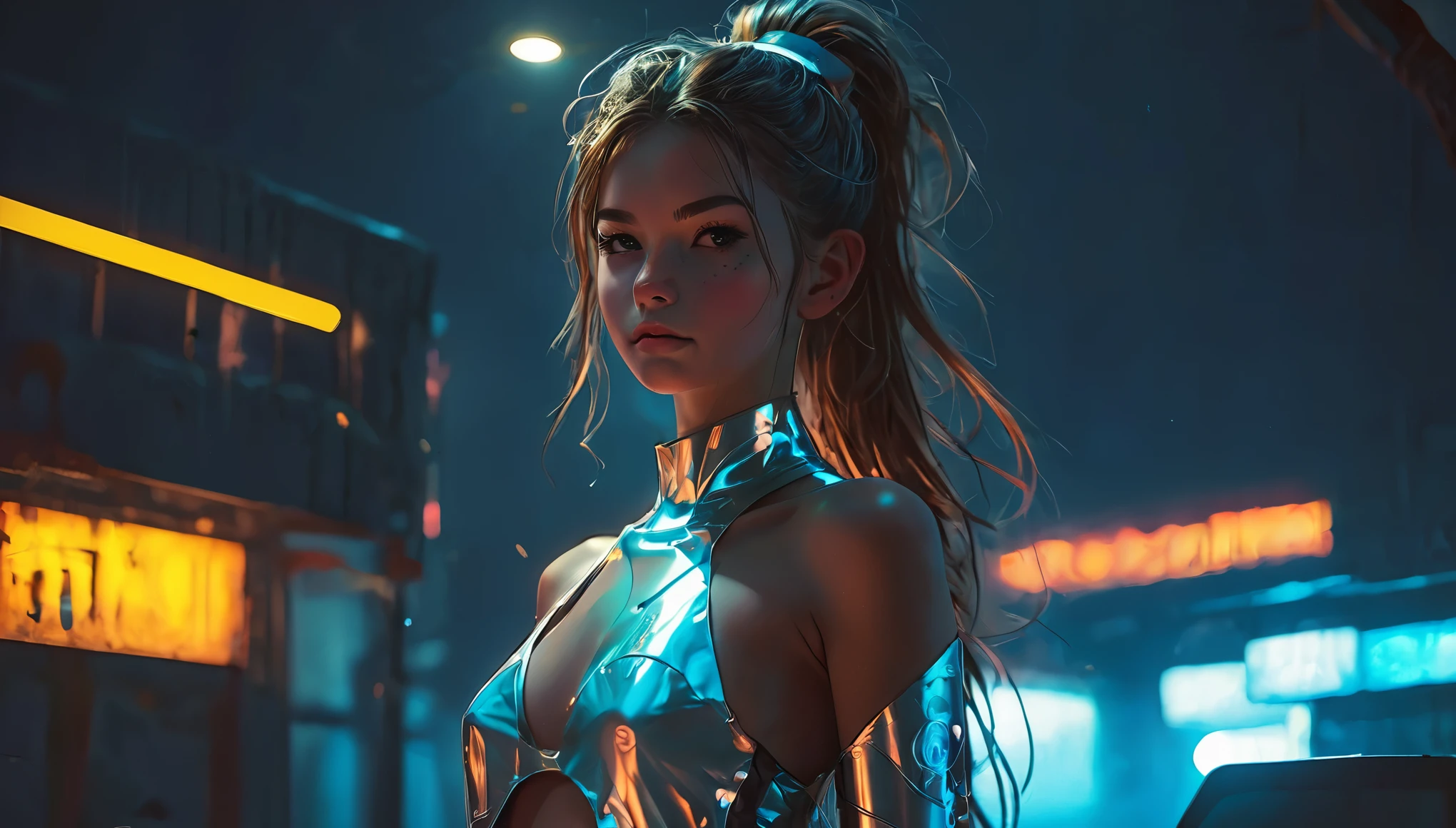 Top Quality, Masterpiece, High Resolution, 8k, (((cute skinny barely legal girl in oversized silk nighty and wetlook leggings, bare belly, wide neckline, deep neckline, small perky breasts, beautiful detailed eyes, beautiful detailed lips, small closed mouth, extremely detailed face, long ponytail hair, small hips))), cyberpunk apartment, moody atmosphere, dramatic and random neon colors, futuristic setting, intricate details, at night, backlit, full body shot, view from distance