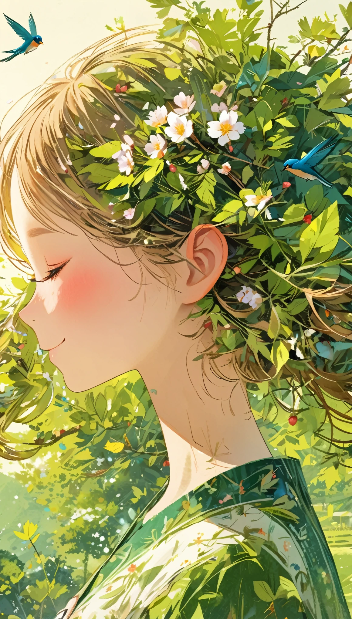 Leaf hair girl、front、Open your armasterpiece、Highest quality、smile、Cherry blossom petals
