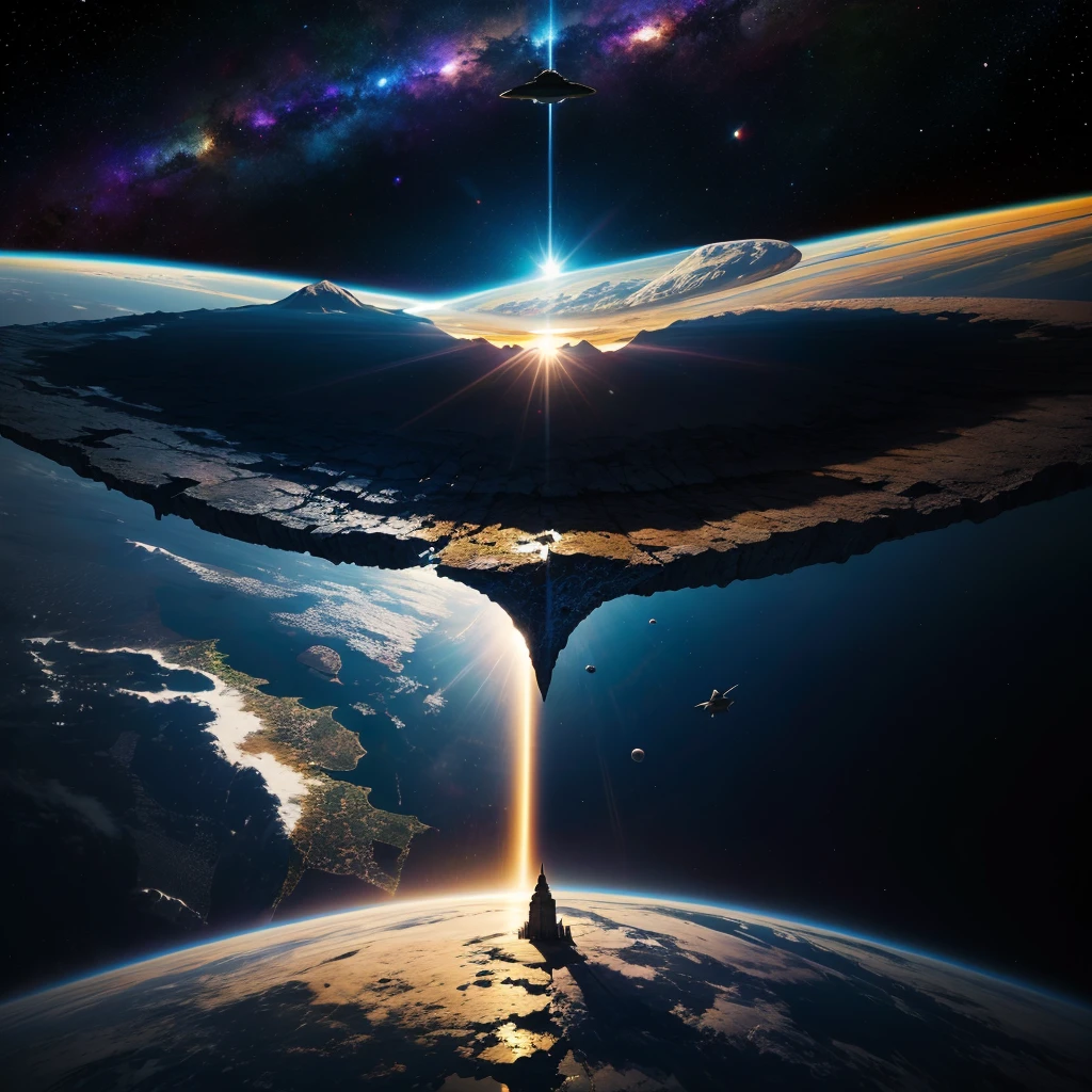 mysteriousな超巨大なトンネルの中に森がある，Different world，The sunlight from the sun shines on the earth，no gravity，Multidimensional，High Dimension，Colorful，Best Quality，8K，mysterious，Fantasy，Different space，There are many different creatures，Gravity is reversed，Nature，romantic，A world beyond imagination，Dream world，Huge river，masterpiece，最高masterpiece，perfection，