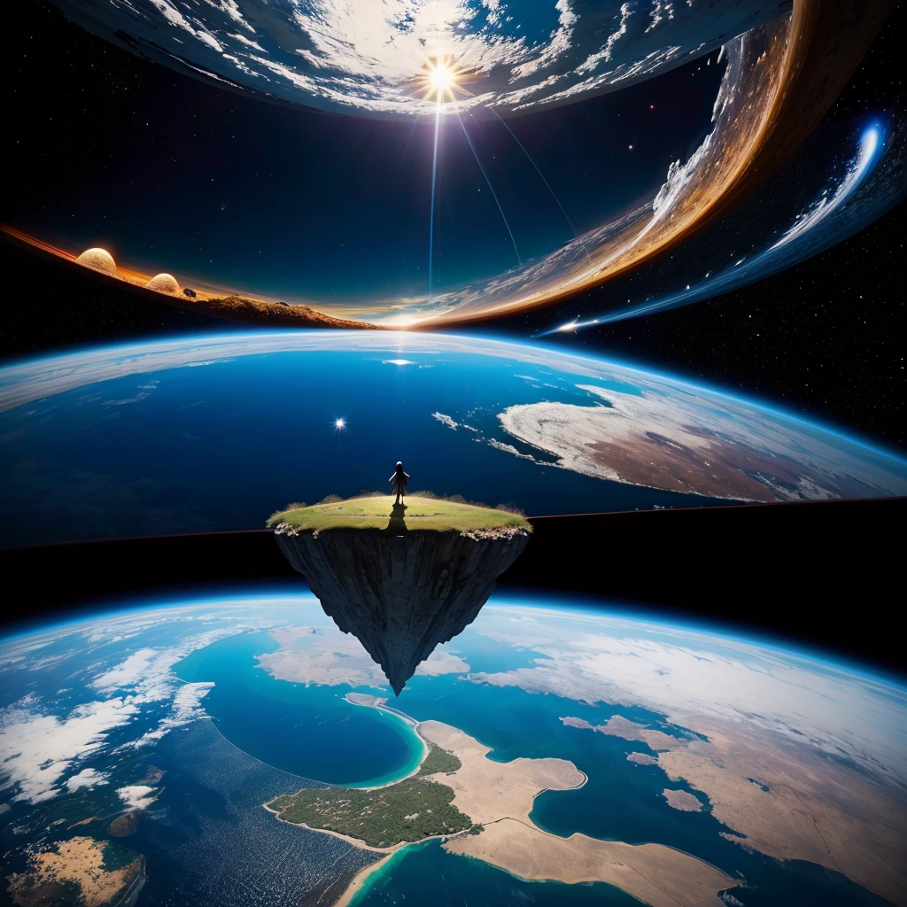 mysteriousな超巨大なトンネルの中に森がある，Different world，The sunlight from the sun shines on the earth，no gravity，Multidimensional，High Dimension，Colorful，Best Quality，8K，mysterious，Fantasy，Different space，There are many different creatures，Gravity is reversed，Nature，romantic，A world beyond imagination，Dream world，Huge river，masterpiece，最高masterpiece，perfection，