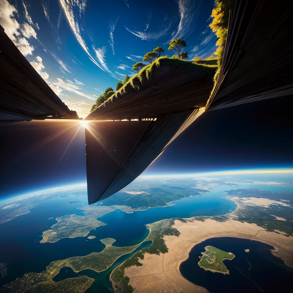 mysteriousな超巨大なトンネルの中に森がある,Different world,The sunlight from the sun shines on the earth,no gravity,Multidimensional,High Dimension,Colorful,Best Quality,8K,mysterious,Fantasy,Different space,There are many different creatures,Gravity is reversed,Nature,romantic,A world beyond imagination,Dream world,Huge river,masterpiece,最高masterpiece,perfection,