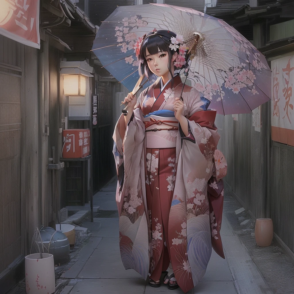 A kimono-clad anime character holding an umbrella in a hallway, artwork in the style of Gwaiz, Gwaiz, Anime Style 4 k, Anime Styled digital art, Gwaiz on artstation pixiv, Gwaiz on pixiv artstation, アニメアート壁紙 8K, Beautiful anime art, Anime Style. 8K, Created by Anime Painter Studio