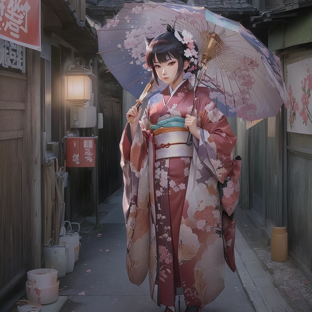 A kimono-clad anime character holding an umbrella in a hallway, artwork in the style of Gwaiz, Gwaiz, Anime Style 4 k, Anime Styled digital art, Gwaiz on artstation pixiv, Gwaiz on pixiv artstation, アニメアート壁紙 8K, Beautiful anime art, Anime Style. 8K, Created by Anime Painter Studio
