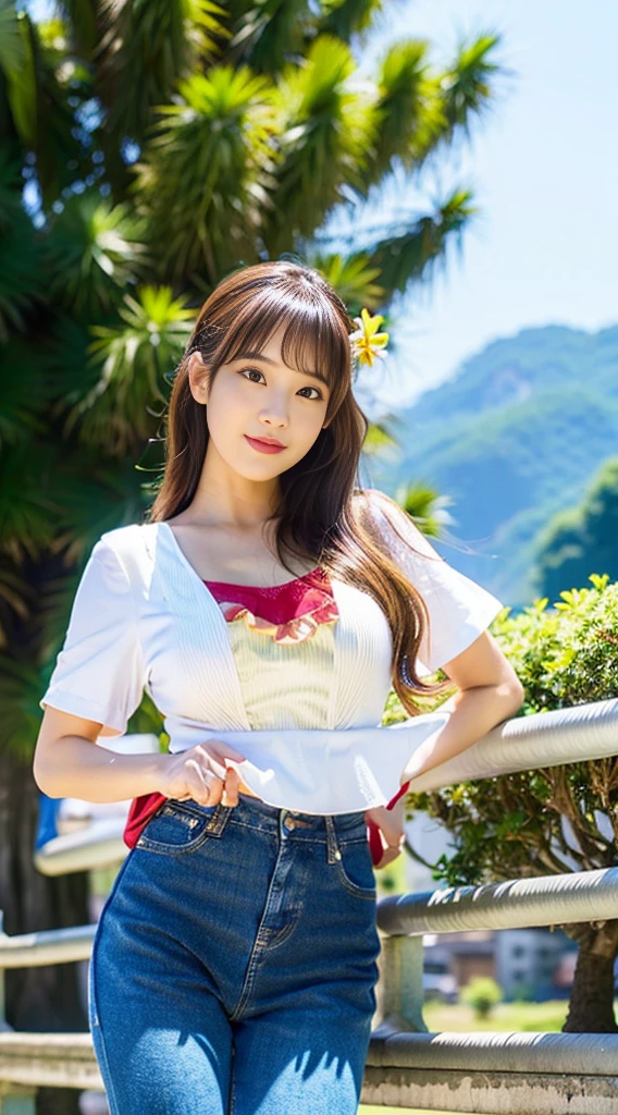 (top-quality、hight resolution、masutepiece、Photorealsitic:1.4)、女の子1人、Japan pretty women、Tight white camisole、Tight denim pants、(huge-breasted:1.2)、full body Esbian