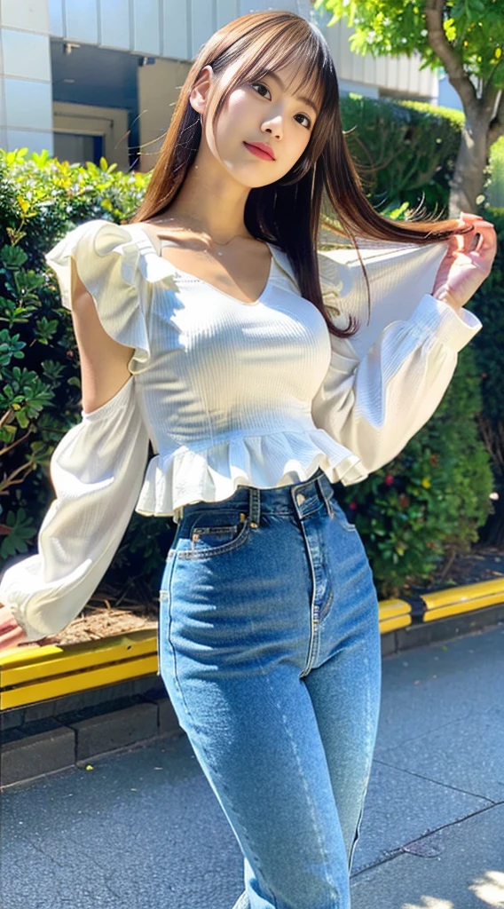(top-quality、hight resolution、masutepiece、Photorealsitic:1.4)、女の子1人、Japan pretty women、Tight white camisole、Tight denim pants、(huge-breasted:1.2)、full body Esbian