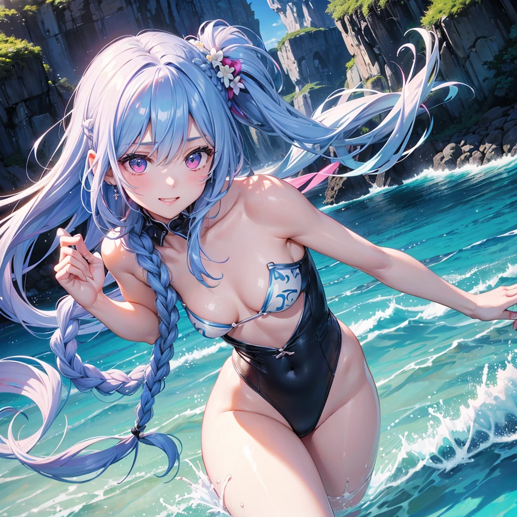 (Sky blue medium hair),(Braided hair tied together)、Pink eyes、Fair skin、(whole body)、(One Girl)、Black Swimsuit、Small breasts、Stylish sunglasses、Shining white sand beach in midsummer、Hawaiian Ocean、A big smile、、(masterpiece、Highest quality、Very detailed、Best Shadow)、(Detailed Background)、(Beautifully detailed face)、High contrast、(Best lighting、Very delicate and beautiful)、((Cinematic Light))、colorful、Hyper Detail、Dramatic Light、Exquisite detail