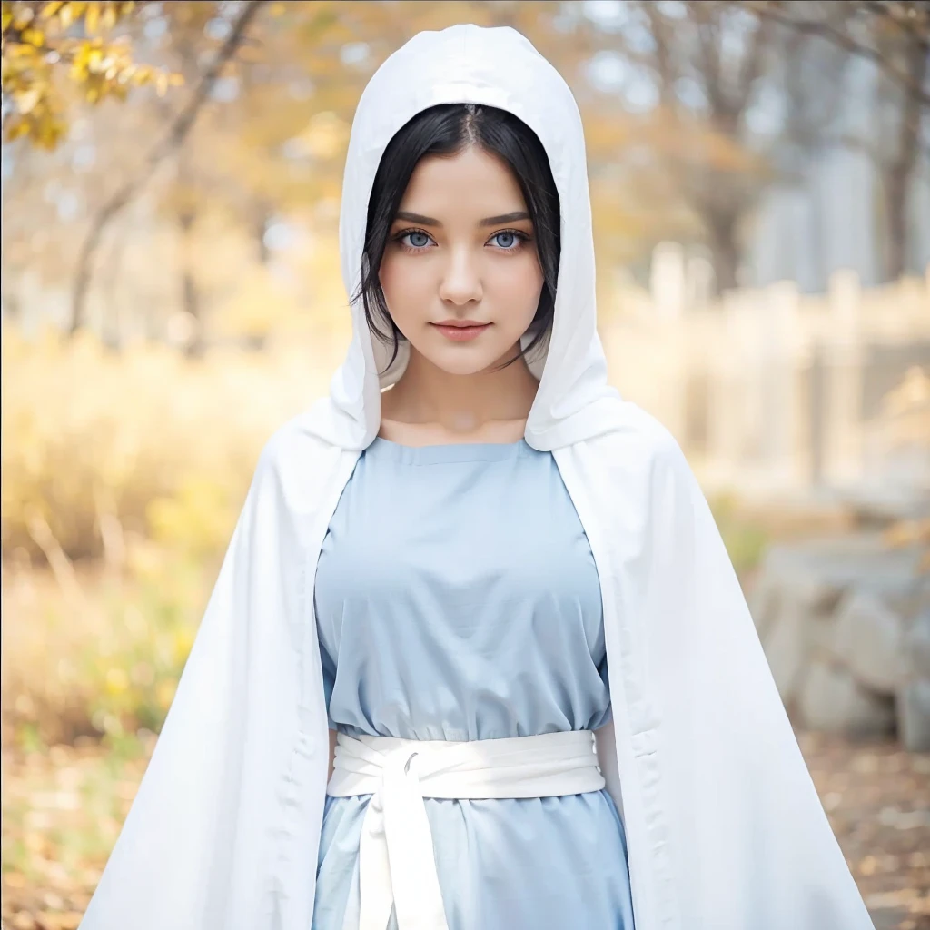 Beautiful woman with light blue eyes, black hair, serene face with a slight smile, wears a white cloak, wears a gray tunic with wide, long sleeves adjusted at the waist by a white sash.
