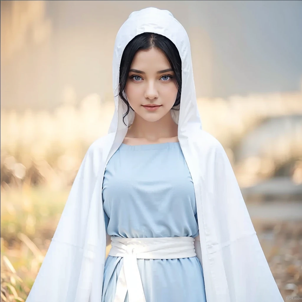 Beautiful woman with light blue eyes, black hair, serene face with a slight smile, wears a white cloak, wears a gray tunic with wide, long sleeves adjusted at the waist by a white sash.