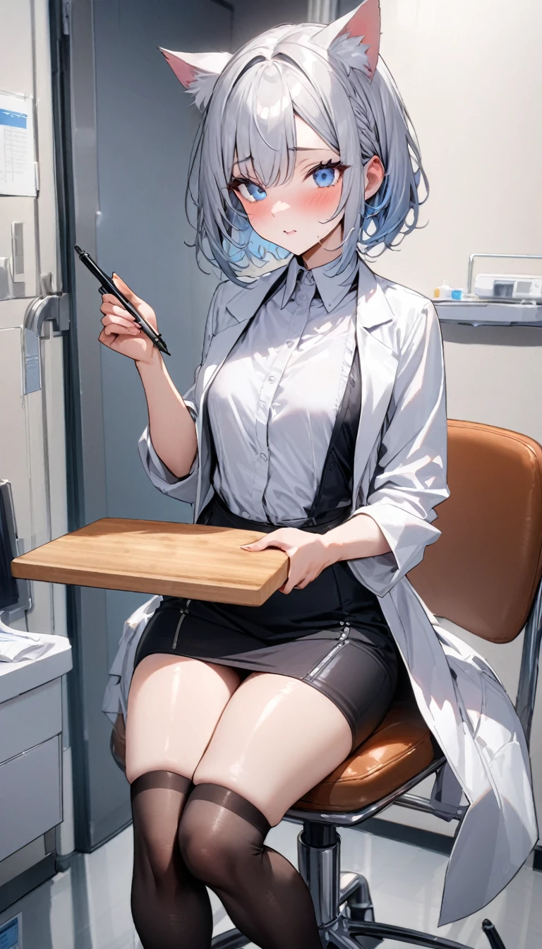 (nup, lab coat:1.2)、1girl、(((best quality)), ((masterpiece)), (details), masterpiece, best quality, high quality, ulutra detailed, perfect face, ((1girl, blue eyes, cat ears: 1.3 silver bob hair: 2.5,))、Shiny Hair、Glowing Skin、blush、Lustful look、White、White shirt、Black tight skirt、Black Stockings、High heels、Sit on a chair、valley、Small breasts、Holding a cutting board、Holding a pen、Hospital examination room、whole body、