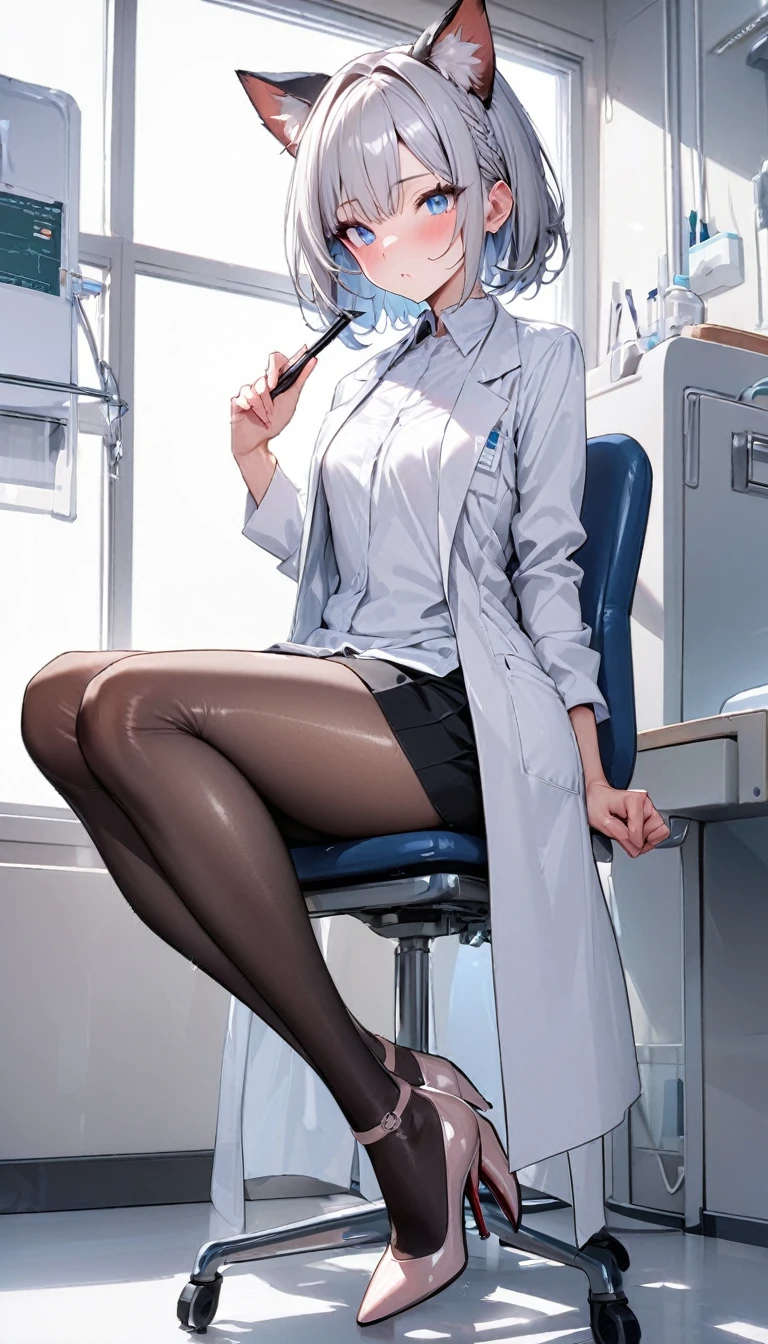 An anime scientist lady is seducing me in a white coat and pantyhose
