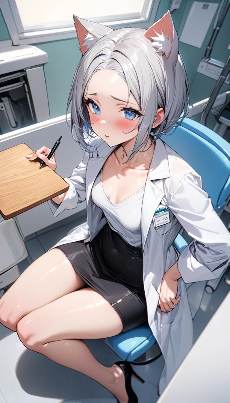 (nup, lab coat:1.2)、1girl、(((best quality)), ((masterpiece)), (details), masterpiece, best quality, high quality, ulutra detailed, perfect face, ((1girl, blue eyes, cat ears: 1.3 silver bob hair: 2.5,))、Shiny Hair、Glowing Skin、blush、Lustful look、White、White shirt、Black tight skirt、Black Stockings、High heels、Sit on a chair、valley、Small breasts、Holding a cutting board、Holding a pen、Hospital examination room、whole body、