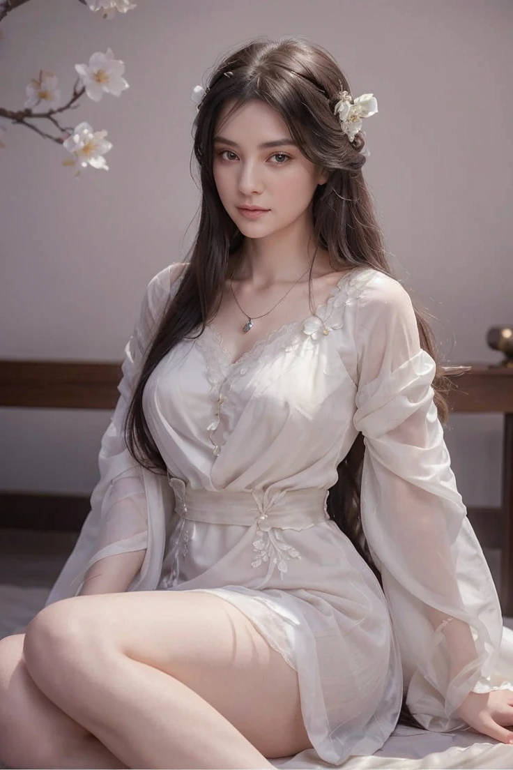 A woman with long, flowing black hair, resembling a starless night, captivates with her deep gray eyes that radiate intelligence. She wears a serene white imperial gown, styled for comfort and grace during rest. Crafted from the finest silk, it drapes softly around her figure, adorned with subtle embroidery depicting delicate plum blossoms, symbols of resilience and beauty. The gown's wide, flowing sleeves add an air of majesty, gracefully trailing as she moves. Her presence evokes the tranquil elegance of ancient courtly charm, complemented by a delicate silver necklace featuring a pendant of azure jade, symbolizing peace and wisdom.