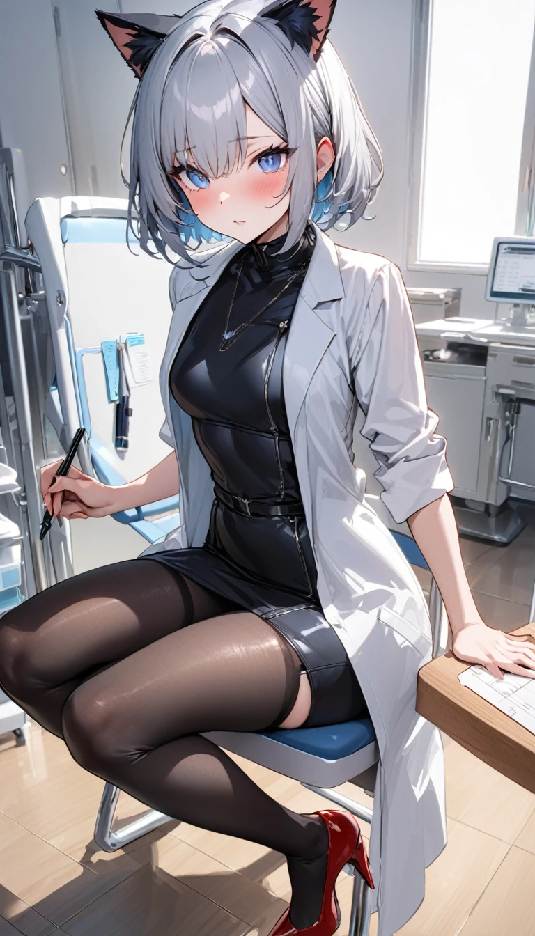 (nup, lab coat:1.2)、1girl、(((best quality)), ((masterpiece)), (details), masterpiece, best quality, high quality, ulutra detailed, perfect face, ((1girl, blue eyes, cat ears: 1.3 silver bob hair: 2.5,))、Shiny Hair、Glowing Skin、blush、Lustful look、White、White shirt、Black tight skirt、Black Stockings、High heels、Sit on a chair、valley、Small breasts、Holding a cutting board、Holding a pen、Hospital examination room、whole body、