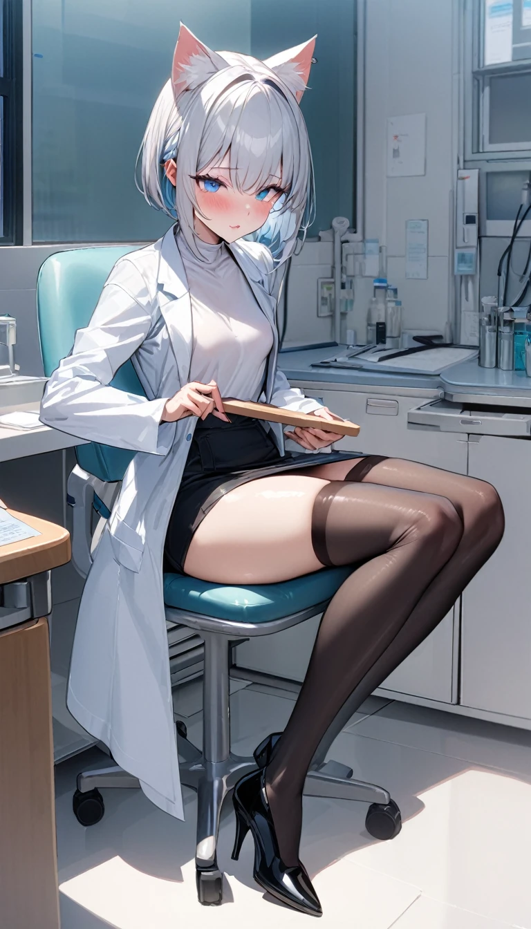 (nup, lab coat:1.2)、1girl、(((best quality)), ((masterpiece)), (details), masterpiece, best quality, high quality, ulutra detailed, perfect face, ((1girl, blue eyes, cat ears: 1.3 silver bob hair: 2.5,))、Shiny Hair、Glowing Skin、blush、Lustful look、White、White shirt、Black tight skirt、Black Stockings、High heels、Sit on a chair、valley、Small breasts、Holding a cutting board、Holding a pen、Hospital examination room、whole body、