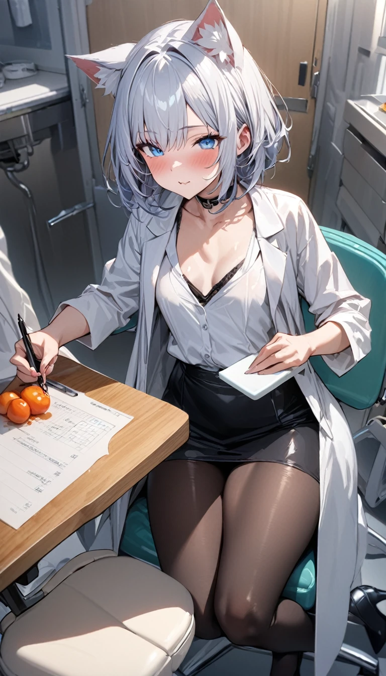 (nup, lab coat:1.2)、1girl、(((best quality)), ((masterpiece)), (details), masterpiece, best quality, high quality, ulutra detailed, perfect face, ((1girl, blue eyes, cat ears: 1.3 silver bob hair: 2.5,))、Shiny Hair、Glowing Skin、blush、Lustful look、White、White shirt、Black tight skirt、Black Stockings、High heels、Sit on a chair、valley、Small breasts、Holding a cutting board、Holding a pen、Hospital examination room、whole body、