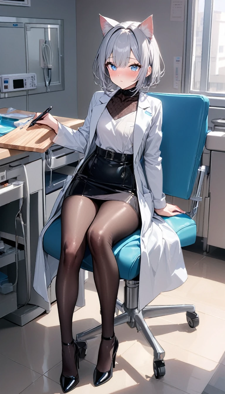 (nup, lab coat:1.2)、1girl、(((best quality)), ((masterpiece)), (details), masterpiece, best quality, high quality, ulutra detailed, perfect face, ((1girl, blue eyes, cat ears: 1.3 silver bob hair: 2.5,))、Shiny Hair、Glowing Skin、blush、Lustful look、White、White shirt、Black tight skirt、Black Stockings、High heels、Sit on a chair、valley、Small breasts、Holding a cutting board、Holding a pen、Hospital examination room、whole body、