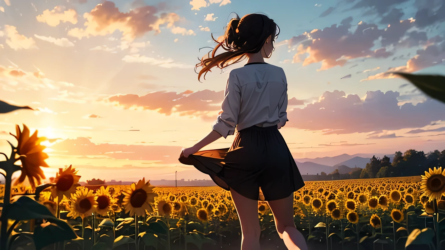(masterpiece:1.5),(highest quality:1.5),(HDR:1.3),ambient light,ultra-high quality,(ultra detailed original illustration),8k,(((((1 girl, back view:1.2))))),A vibrant teenage girl runs joyfully through a sunflower field at golden hour, wearing a loose-fitting, high-necked cotton blouse and flowing linen culottes in warm, earthy tones, her medium-length hair styled in a messy bun with wispy strands framing her face. She's captured mid-stride from a slightly low angle, arms outstretched, face tilted up towards the setting sun with a radiant smile, surrounded by tall sunflowers that seem to reach for the sky alongside her. The scene is bathed in warm, golden light that casts long shadows and creates a stunning interplay of light and shadow across the field and the girl's form, rendered in a realistic digital painting style with rich, saturated colors and soft brush strokes that capture the texture of the flowers and fabric.