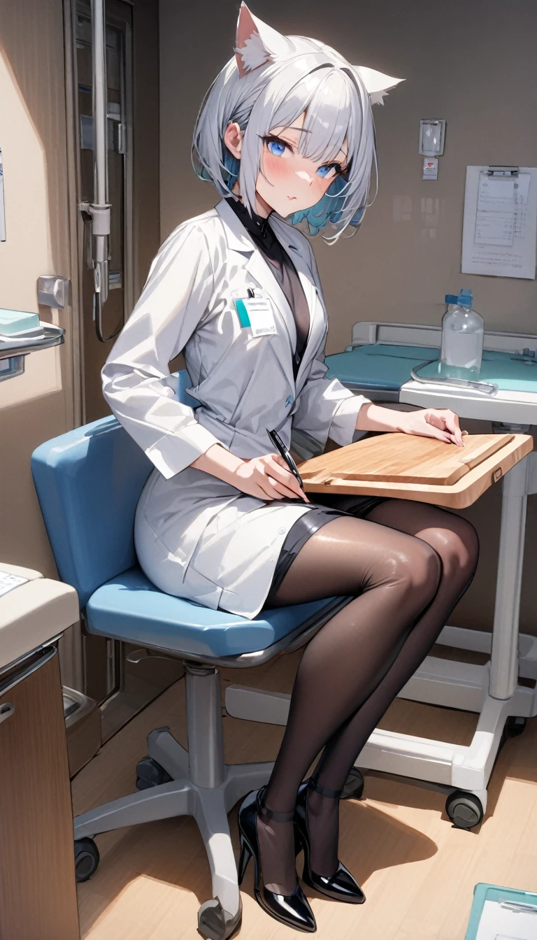 (nup, lab coat:1.2)、1girl、(((best quality)), ((masterpiece)), (details), masterpiece, best quality, high quality, ulutra detailed, perfect face, ((1girl, blue eyes, cat ears: 1.3 silver bob hair: 2.5,))、Shiny Hair、Glowing Skin、blush、Lustful look、White、White shirt、Black tight skirt、Black Stockings、High heels、Sit on a chair、valley、Small breasts、Holding a cutting board、Holding a pen、Hospital examination room、whole body、
