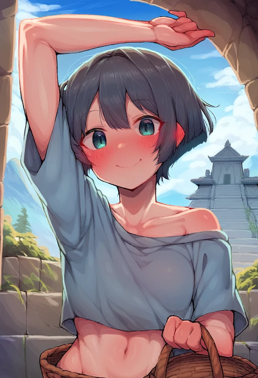 nahidadef, upper body, smile, blush, outdoors, day, simple background, arm up, basket, blue sky, short hair, sky, temple, looking at viewer, stairs, mountain, moody lighting,
