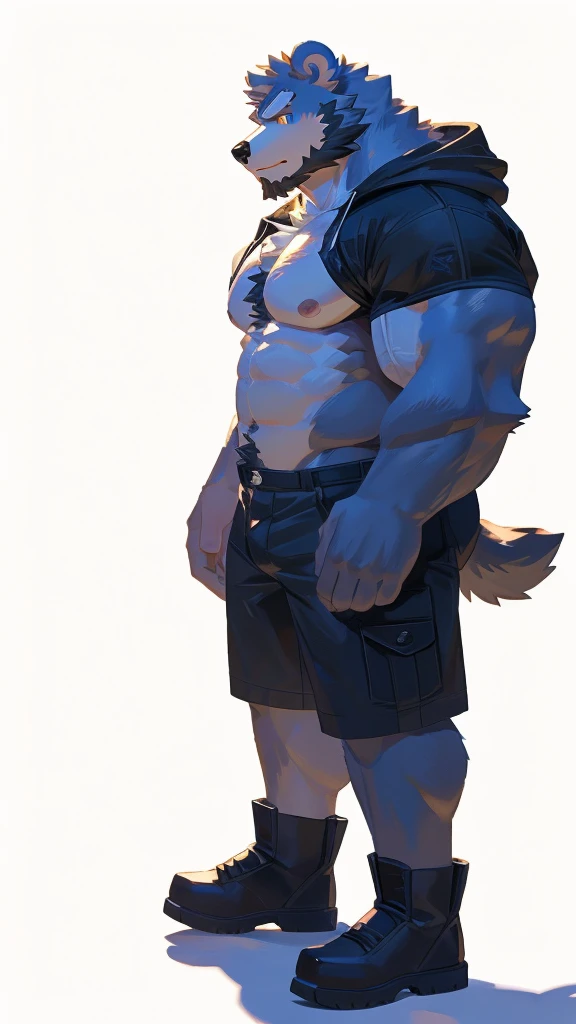 (masterpiece:1.2), best quality,pixiv,official art,perfect anatomy, (Ray tracing, light),solo, (1_male:1.3) , (muscle), (grey fur:1.4), (muscle bear), (beard:1.2), (gleaming golden eyes), bear tail, Thick eyebrows, open hoodie, (naked inside:1.2), cargo shorts, (short boots:1.2), (pure white background: 1.3)