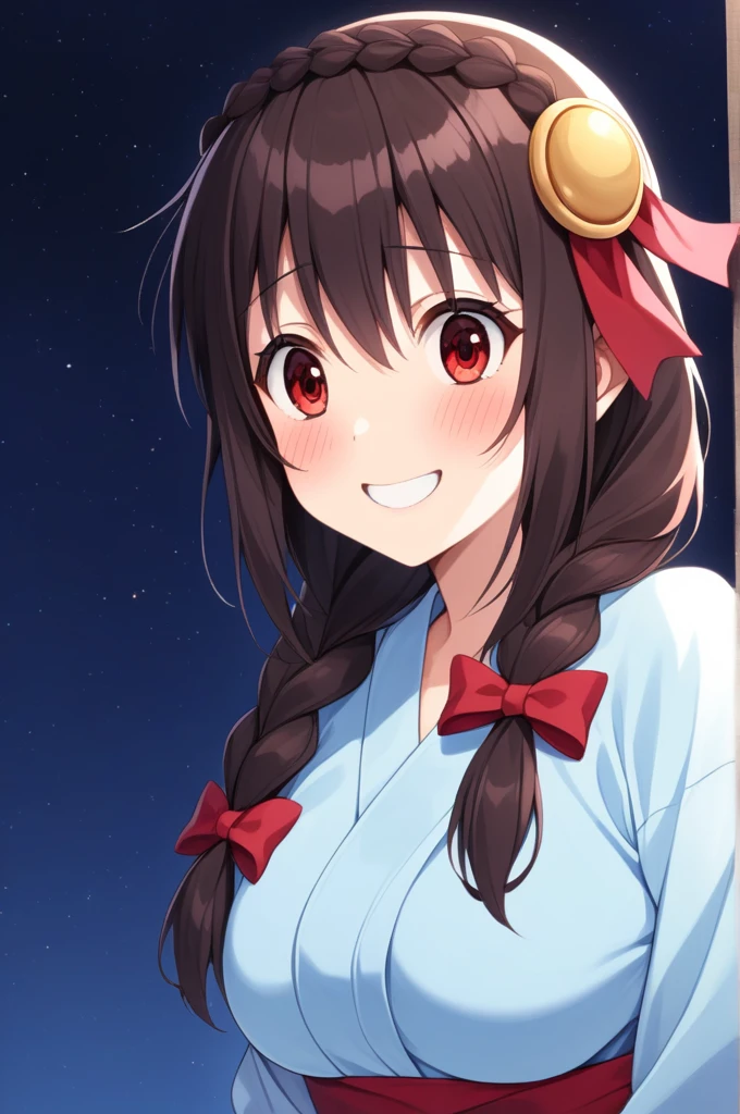 alone, One girl、Crown braids in the same color as your hair, hair ornaments, Hair Ribbon,(A light blue kimono with a red floral pattern and a red obi.)、Red Eyes、Black Hair、(blush:1.4)、(Surprised and smiling:1.6)、Larger breasts、(The background is full of stars)