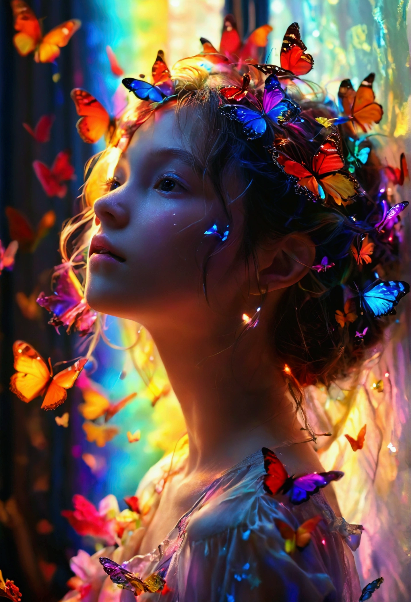 Rainbow glowing butterflies、18 year old girl、In a dark and small room、Butterflies are my only comfort、masterpiece、Highest quality、RAW、8k,4k、Clear focus、Cinema Lighting