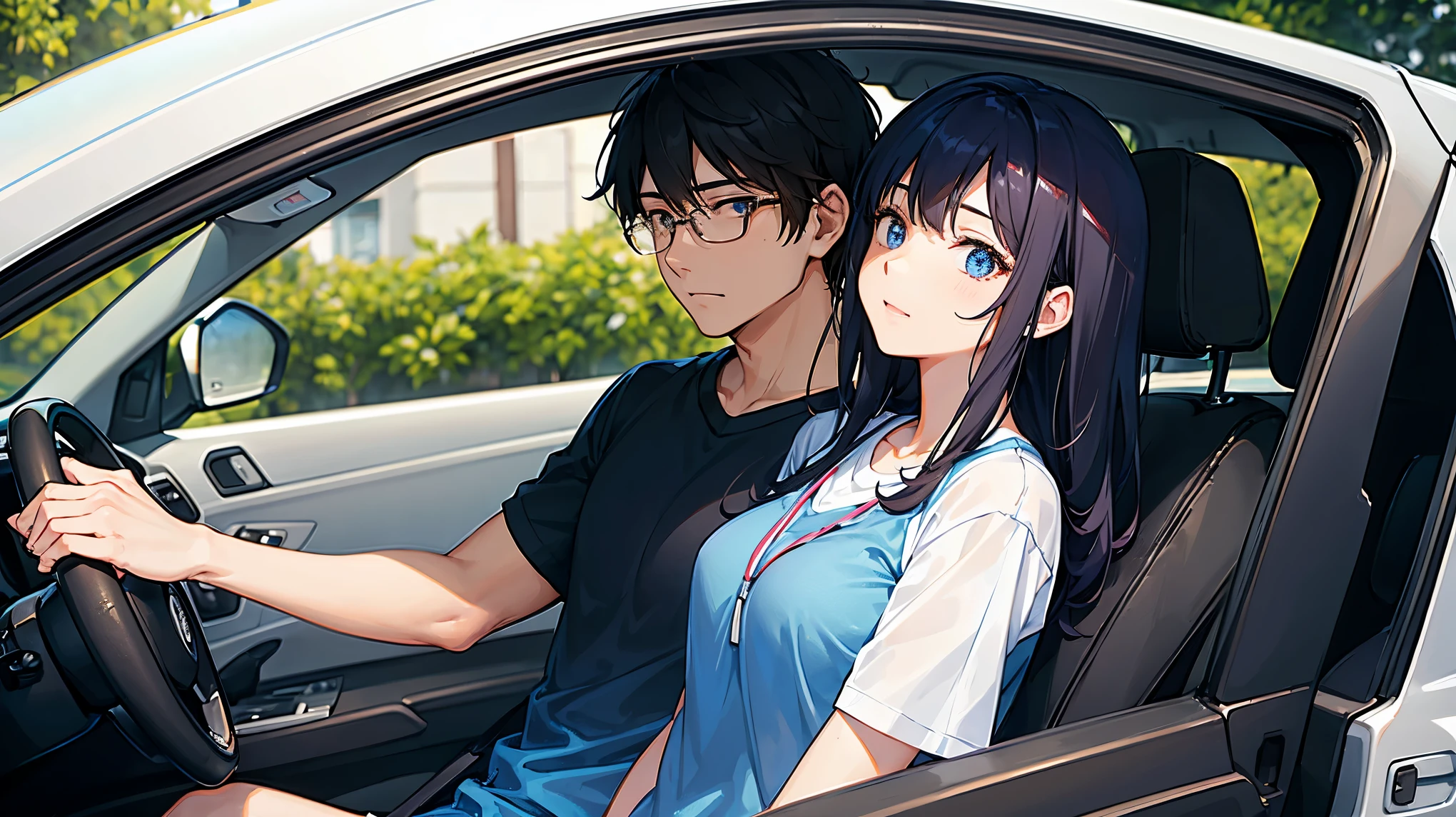 A man and woman couple wearing short-sleeved T-shirts enjoying a drive,"Clear eyes"、"Sparkling Eyes"、"Detailed depiction of the iris"