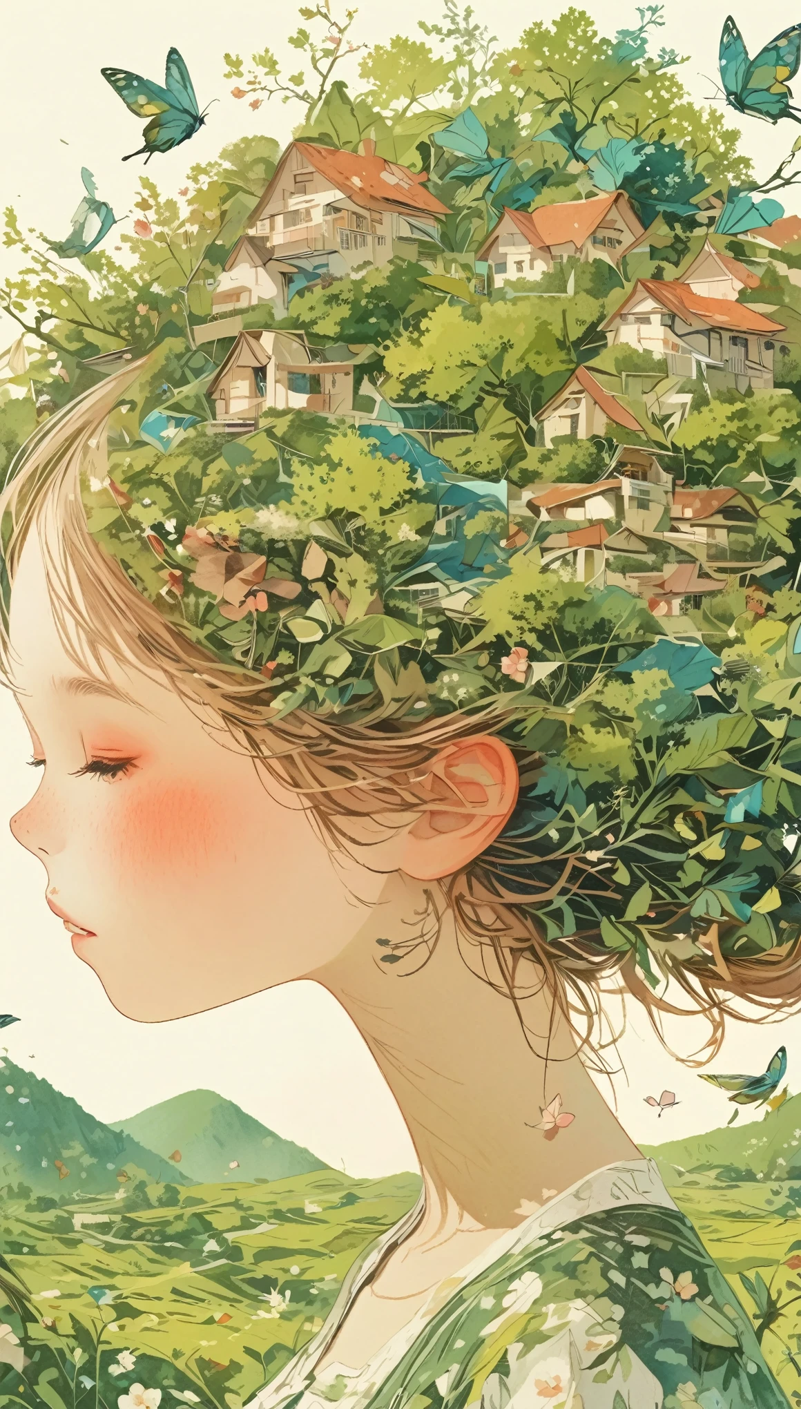 Leaf hair girl、Photographed from the front、Upper Body、Masterpiece、Highest quality、Look Up、Cherry blossom petals、Lots of butterflies々Fluttering