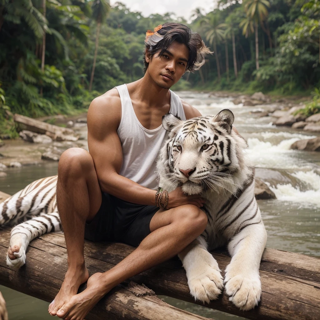 A handsome 30-year-old Indonesian man with layered hair, wearing a white tank top and black shorts, is playing with a large white tiger. The background is a jungle by the riverside