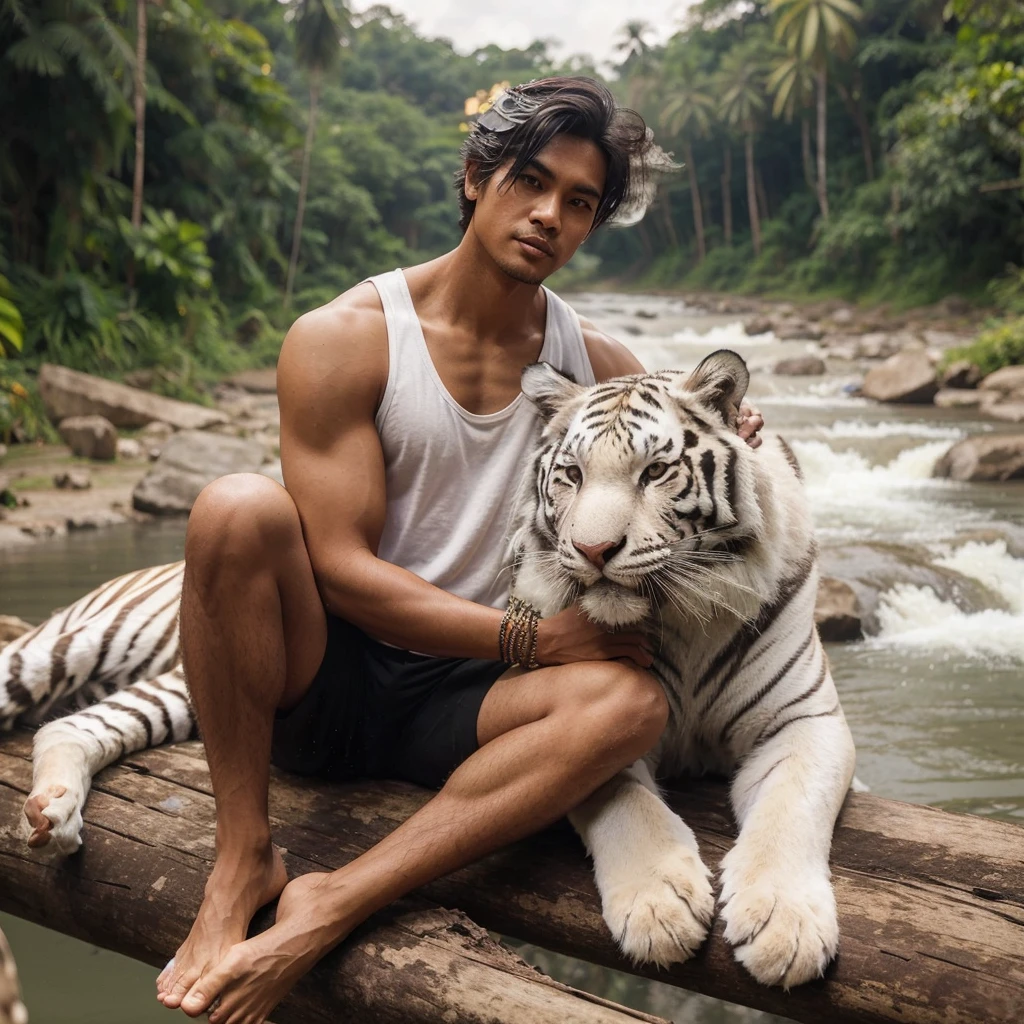 A handsome 30-year-old Indonesian man with layered hair, wearing a white tank top and black shorts, is playing with a large white tiger. The background is a jungle by the riverside