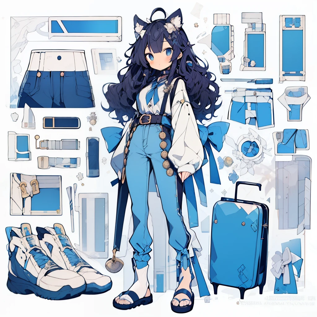 (anime art of Demon slayer artstyle, kny artstyle, outside, taisho era, closed top shirt with baggy pants with gold buttons, big belt wrapped around waist with a bow, deep tan, brown skin girl, short curly black hair, big blue eyes, 19 years old, kimestu no yaiba artstyle, thigh knee high tabi sock with sandals),outline, white outline, blue color palette, masterpiece, 4k, best quality, anime art, blue colors scheme