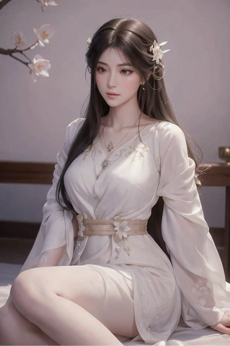 A woman with long, flowing black hair, resembling a starless night, captivates with her deep gray eyes that radiate intelligence. She wears a serene white imperial gown, styled for comfort and grace during rest. Crafted from the finest silk, it drapes softly around her figure, adorned with subtle embroidery depicting delicate plum blossoms, symbols of resilience and beauty. The gown's wide, flowing sleeves add an air of majesty, gracefully trailing as she moves. Her presence evokes the tranquil elegance of ancient courtly charm, complemented by a delicate silver necklace featuring a pendant of azure jade, symbolizing peace and wisdom.