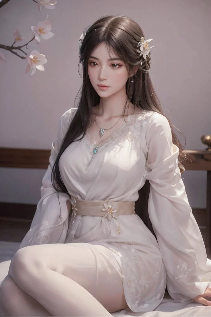 A woman with long, flowing black hair, resembling a starless night, captivates with her deep gray eyes that radiate intelligence. She wears a serene white imperial gown, styled for comfort and grace during rest. Crafted from the finest silk, it drapes softly around her figure, adorned with subtle embroidery depicting delicate plum blossoms, symbols of resilience and beauty. The gown's wide, flowing sleeves add an air of majesty, gracefully trailing as she moves. Her presence evokes the tranquil elegance of ancient courtly charm, complemented by a delicate silver necklace featuring a pendant of azure jade, symbolizing peace and wisdom.