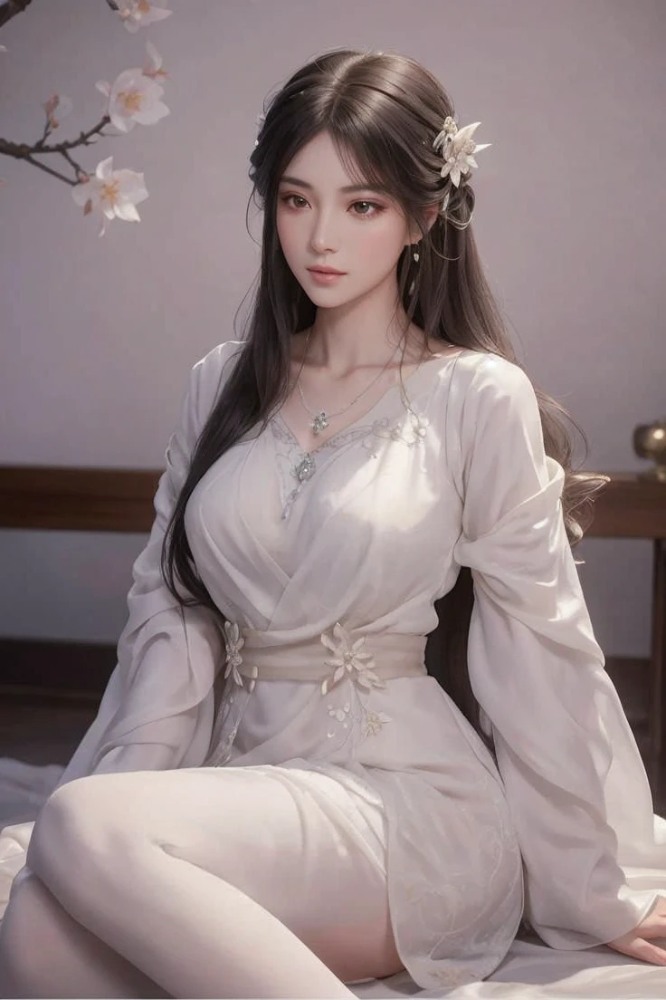 A woman with long, flowing black hair, resembling a starless night, captivates with her deep gray eyes that radiate intelligence. She wears a serene white imperial gown, styled for comfort and grace during rest. Crafted from the finest silk, it drapes softly around her figure, adorned with subtle embroidery depicting delicate plum blossoms, symbols of resilience and beauty. The gown's wide, flowing sleeves add an air of majesty, gracefully trailing as she moves. Her presence evokes the tranquil elegance of ancient courtly charm, complemented by a delicate silver necklace featuring a pendant of azure jade, symbolizing peace and wisdom.