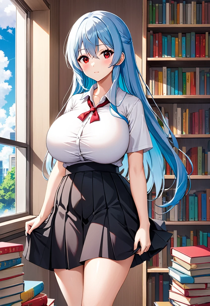 My name is Yukiko.I am a white test woman with long Sky blue hair,red eye color.I am 1.62 cm tall . Dressed in a short white shirt and a very long black skirt with books in my arms,dressed as a  teacher. With huge breasts measure 200 cm, waist 40 cm and my hips 200 cm