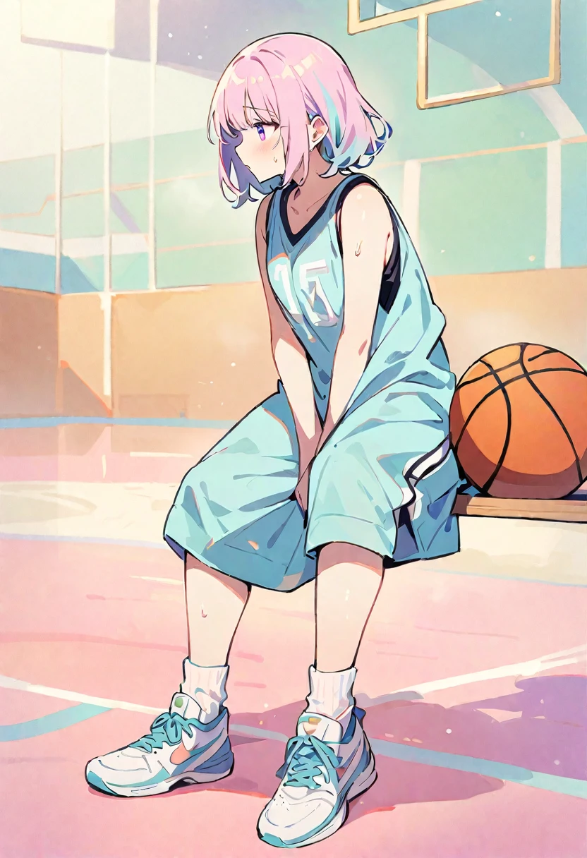 (masterpiece, Highest quality:1.2), 1 Girl, alone, Sweat, A loose fitting jumper, short, Park Court, basketball, basketballシューズ, Ankle socks, whole body, pastel colour