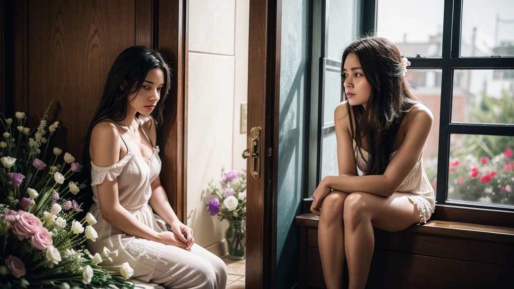 we see a woman through a door window so jaw-droppingly beautiful that she must be isolated in a room complexly filled with flowers, every flower is in a different moody color, she sits, she must be alone or everyone will fall in love, she is in a room of moody flowers
