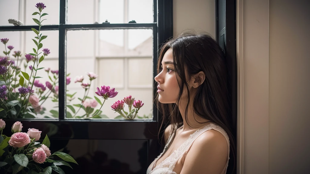 we see a woman through a door window so jaw-droppingly beautiful that she must be isolated in a room complexly filled with flowers, every flower is in a different moody color, she sits, she must be alone or everyone will fall in love, she is in a room of moody flowers