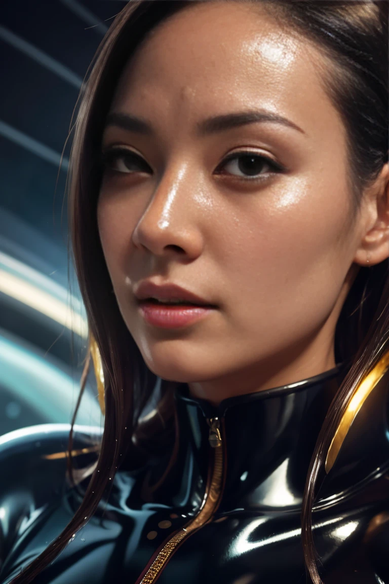 (8K, Ultra-high resolution, Top quality masterpiece, Professional detailed wallpapers, The ultimate attention to detail, Anime Images, Game CG),The perfect human body、realistic and detailed face,Nose and mouth are visible(((Dripping Sweat、Oilskin,Glowing Skin、Realistic skin texture、Beautiful skin in every detail、Shiny skin、Shiny skin)))    big , burst, There is cleavage in the chest, Huge breasts , Very perfect anatomy body parts, Very perfect,(Full Shot: 1.8),Beautiful alien woman、　　Black latex oil shiny full bodysuit、　Alien tentacle tail,Inside the spaceship,cockpit,((Beautiful face close-up))