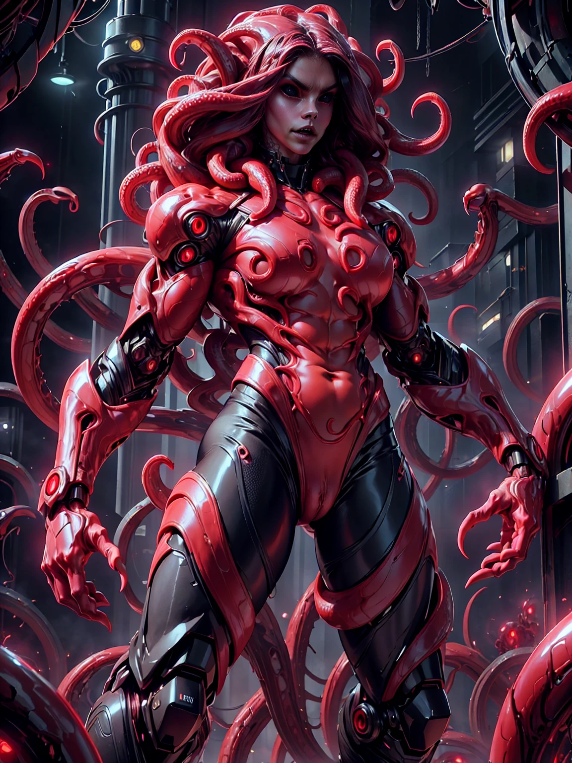 (beautiful girl:1.25), (megan fox:1.25), (young bodybuilder girl wearing cybernetic muscle suit:1.25), (medusa head with tentacles:1.25), carnage muscular physique, seductive face, mouth wide open carnage style, long red hair, perfect muscular body, super skinny legs, sissy, femboy, (carnage style physique)